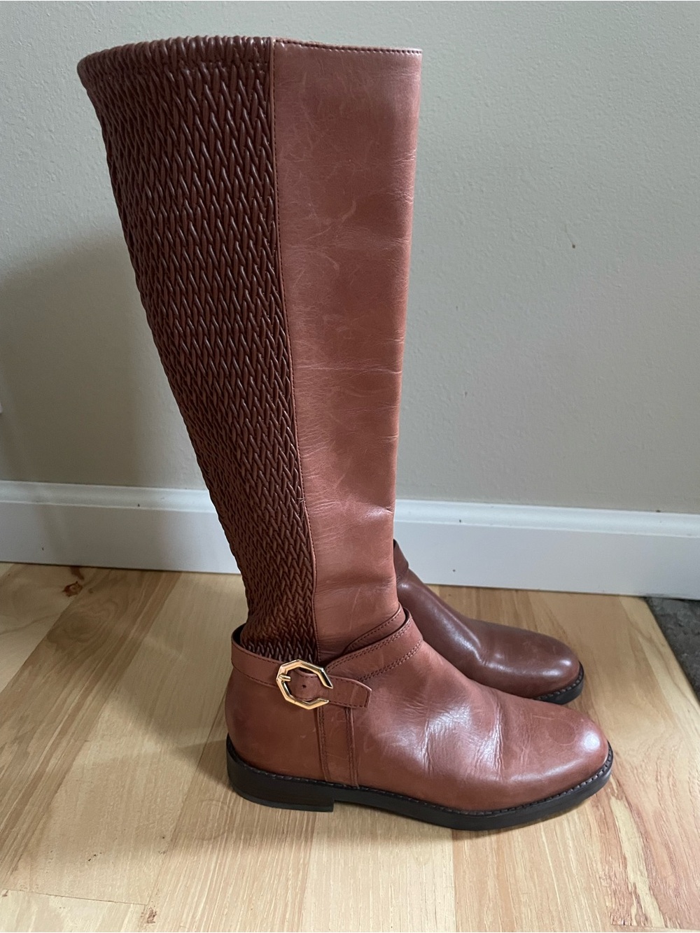 Cole Haan Brown Tall Knit-Back Riding Boots with Gold Buckle size 6 New